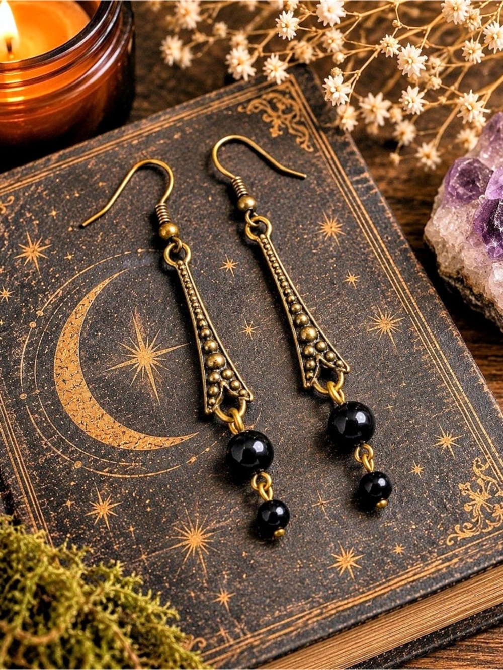 Art Deco Brass Drop Earrings with Vintage Japanese Beads